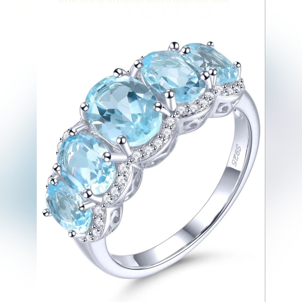 Sterling Silver Cocktail Ring: 5 Blue Topaz sz 9